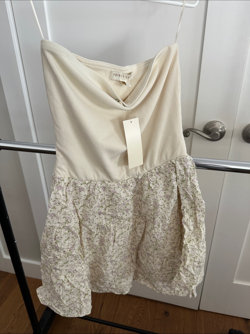 Thrifted Cream Floral Mini Dress with Spaghetti Straps